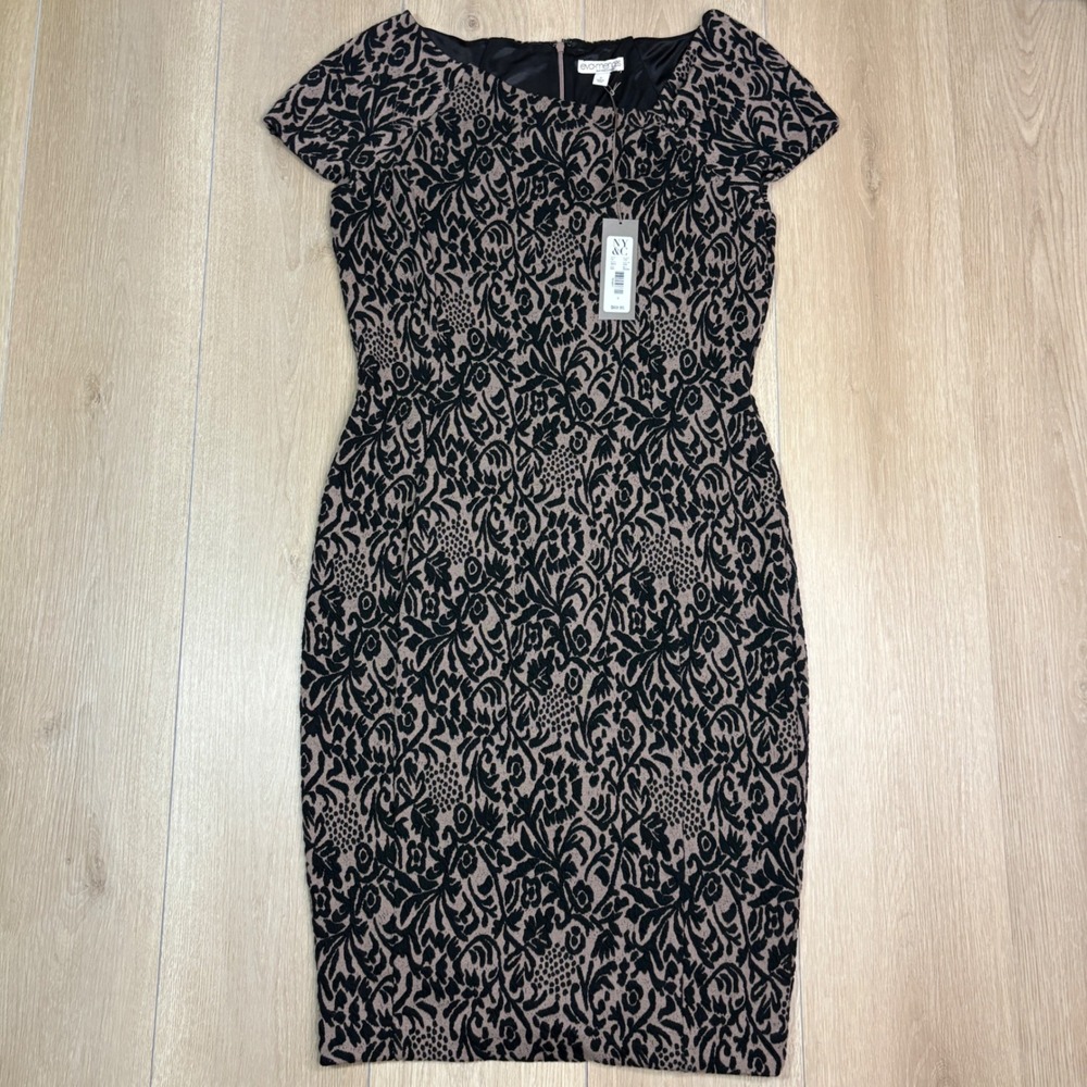 Eva Mendes NY&C Black Tan Floral Damask Sheath Dress Cap Sleeve Size 6 NWT